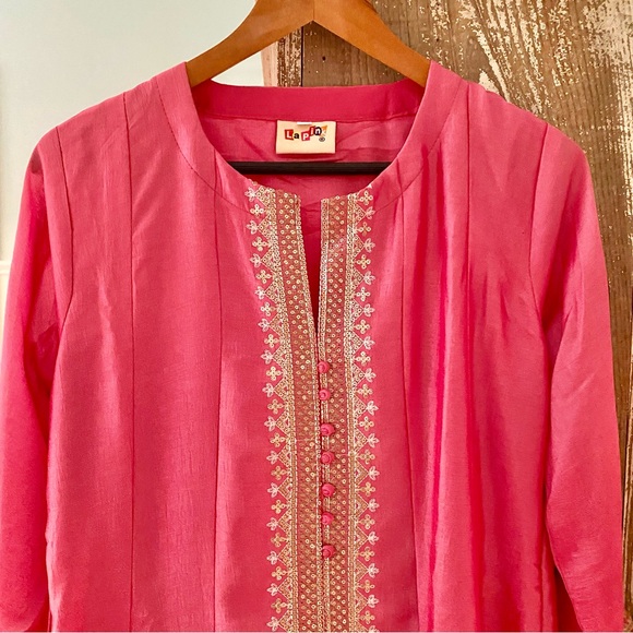 Indian Tunic Dress Pink with Gold Embroidery and matching pants Size XL NWOT - Picture 2 of 9